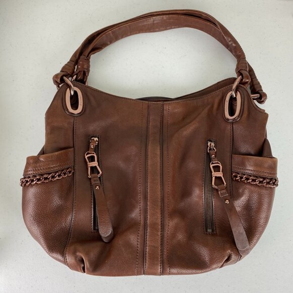 B. Makowsky Leather Rose Gold Purse Satchel Brown Chain Detail Alice Nappa - Picture 1 of 8